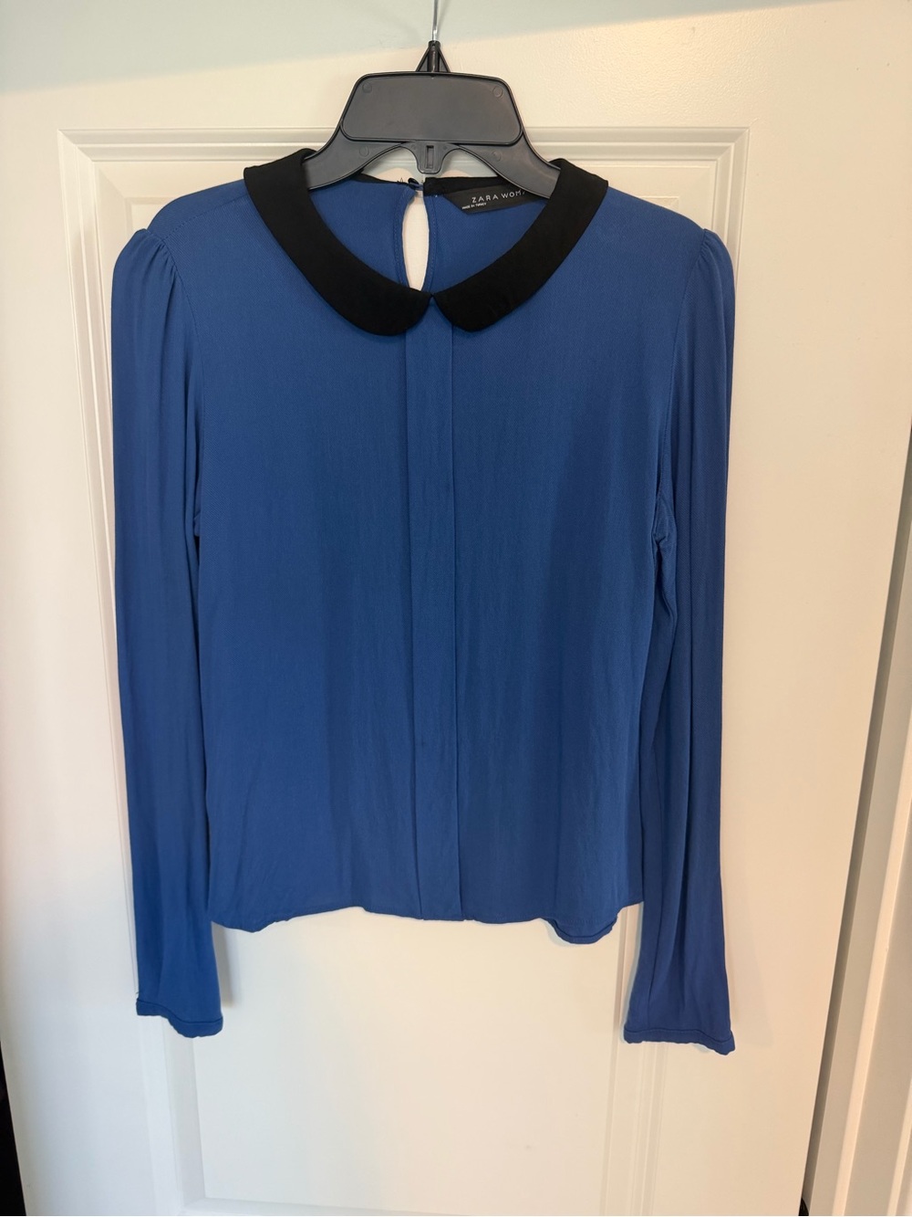 Zara Royal Blue Long-Sleeve Blouse with Black Peter Pan Collar